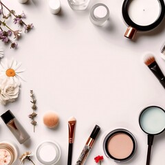 A circle of various makeup products displayed on a white surface