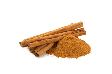 Cinnamon powder isolated on white background. Spicy spice for baking, desserts and drinks. Fragrant ground cinnamon.