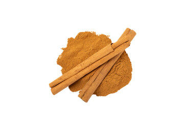 Cinnamon powder isolated on white background. Spicy spice for baking, desserts and drinks. Fragrant ground cinnamon.