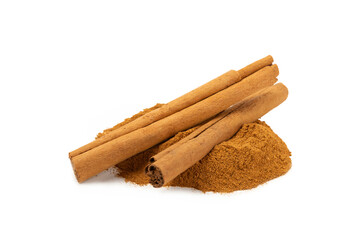 Cinnamon powder isolated on white background. Spicy spice for baking, desserts and drinks. Fragrant...