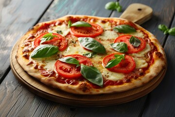 Freshly Baked Pizza on Rustic Wooden Board with Stretchy Mozzarella, Fresh Tomato, and Basil Topping