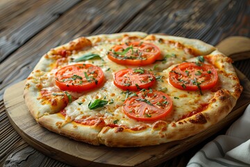 Freshly Baked Pizza on Rustic Wooden Board with Tomatoes and Cheese