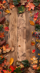 Dark wooden background with pumpkins and autumn leaves in top view