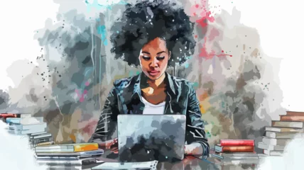 Fotobehang Frau Afrikanerin Arbeiten Laptop Unternehmerin Job Home Büro Afro-American Business Afro Studieren Lernen © THM