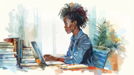 Fotobehang Junge Frau Afrikanerin Business Afro Arbeiten Laptop Unternehmerin Job Home Büro © THM