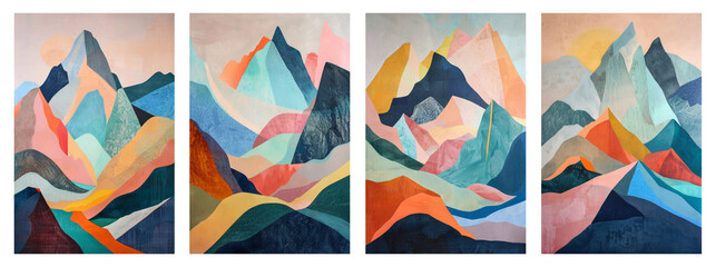 Mountain landscape abstract art poster set. 