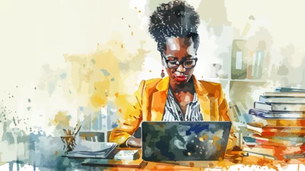 Fotobehang Frau Afro Afrikanerin Home Office Business Arbeiten Laptop Unternehmerin Lehrerin Analyse Job Computer © THM