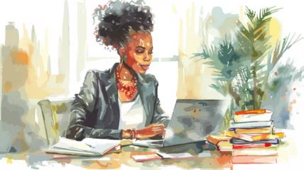 Deurstickers Frau Afro Afrikanerin Home Office Business Arbeiten Laptop Unternehmerin Analyse Job Computer © THM