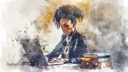 Fotobehang Afrikanerin Büro Business Frau Afro Arbeiten Laptop Unternehmerin Job Computer © THM