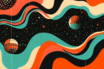 Psychedelic 70s Club Event Poster: Retro Wave Disco Ball in Funky Orange and Teal