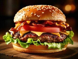 AI generated illustration of a close-up of a delicious hamburger on a dark backdrop