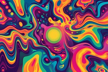 Psychedelic Gradient Color Flow: Vintage Style Club Flyer with Vibrant 80s Patterns and Abstract Art