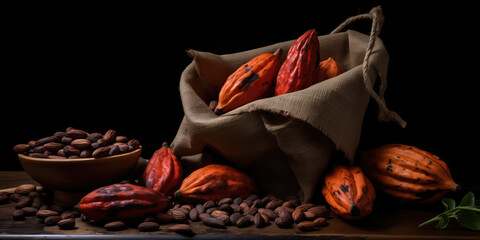 cocoa beans and pods arranged with rustic burlap on a dark wooden surface - Powered by Adobe