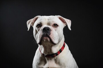 Portrait of American Bulldog dog looking up to the right.The subject is on the  right of the image, copy space. Studio shot, dark background