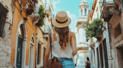 Beautiful young woman traveler with backpack and hat in Venice, Italy