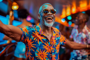 Obraz premium African American elderly man dancing at a beach party, hands raised in celebration, freedom in motion.