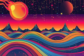 Groovy 70s Disco Poster: Psychedelic Wave Patterns & Funky 80s Colors