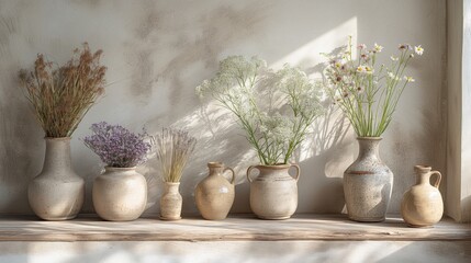 ceramic vases and jugs on a shelf in front of a beige wall