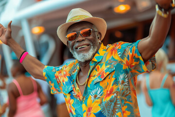 african american elderly man dancing at a beach party, surrounded by friends, embracing the joy of retirement