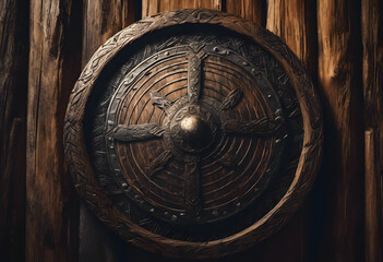 Ancient Viking Shield on Wooden Wall - Symbol of Norse Warrior Heritage