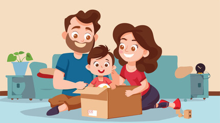 Happy family with cardboard dreaming about their new