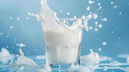 splash of milk in transparent glass on blue background