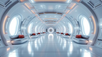 futuristic spaceship interior with white walls and windows