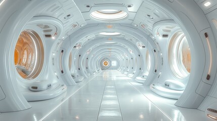 futuristic spaceship interior with white walls and windows