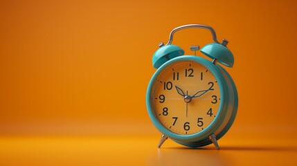 light green alarm clock on orange background with copy space
