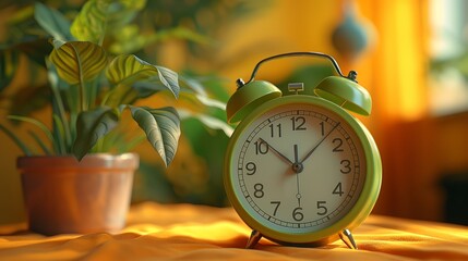 light green alarm clock on orange background with copy space
