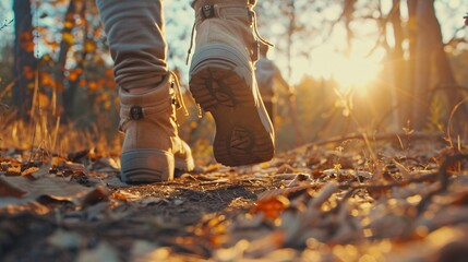 Hiking boots on the trail in the forest. Travel and adventure concept. close up.