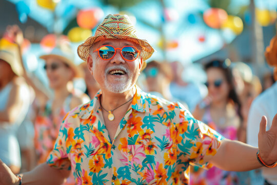 old man dancing at a beach party, surrounded by joyful friends, lively gathering