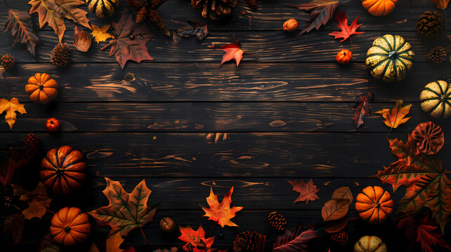 Dark wooden background with pumpkins and autumn leaves in top view