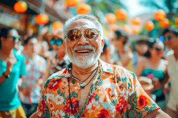asian elderly man dancing at a beach party, grooving to the music with a carefree spirit, summer celebration vibes