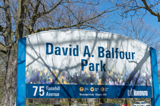 sign at David A Balfour Park located at 75 Rosehill Avenue in Toronto, Canada