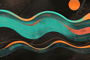 Fototapeta premium Teal and Orange Vintage Poster: Vibrant 80s Music Cover Gradient Wave on Black Background