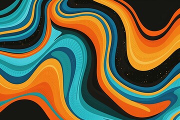 Psychedelic Orange Blue Teal Grainy Gradient Flow Retro Curve Pattern on Black