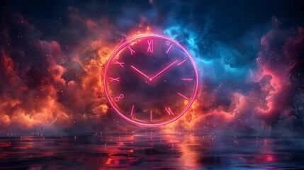clock on the watercolor colorful neon background with splash effect - obrazy, fototapety, plakaty