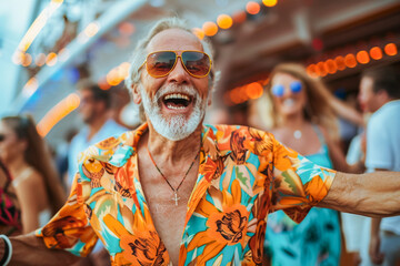 Old man dancing at a beach party, retired gentleman shows off his dance moves, enjoying the carefree atmosphere with sunglasses on.