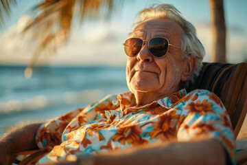 Elderly man on a sun lounger on the beach, soaking up the rays, enjoying the ocean breeze.