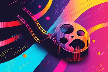 Vintage Film Festival Banner: Hipster Design with Psychedelic Gradient Backgrounds & Creative Retro Color Wave Patterns - obrazy, fototapety, plakaty