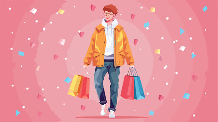 Happy young redhead man with shopping bags on pink background