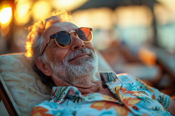 Old man on a sun lounger on the beach, savoring the freedom of retirement, surrounded by tranquility.