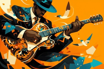Abstract cubist vector art of a black man with a hat playing a guitar,
