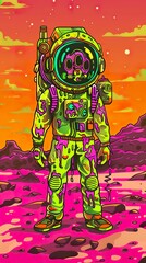 Space explorer, futuristic suit, exploring alien planet, sci-fi landscape, 3D render, backlights, HDR camera effect, Fish-eye lens view