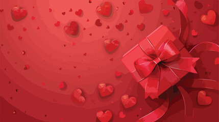 Hearts made of ribbon and gift on red background. 