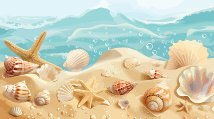 Fototapeta na wymiar Helm sand and sea shells on color background Vector 