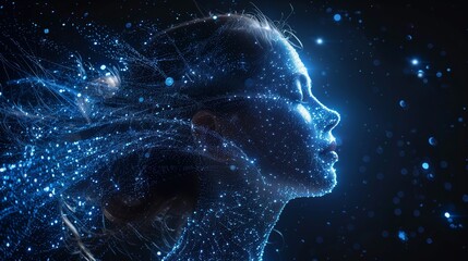 Poster of Digital woman head with space stars, Artificial Intelligence concept. Abstract illustration of a head with blue glowing and shining, machine learning. Mental health care, ezoteric theme