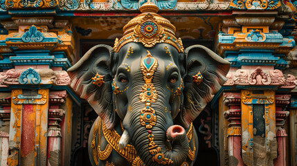 hindu temple in island, Highly decorated real life sized Bull Elephant at entrance of South Indian Temple. The elephant is considered auspicious and embodiment of Hindu mythology Lord Ganesha.