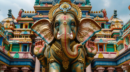 Naklejka premium Highly decorated real life sized Bull Elephant at entrance of South Indian Temple. The elephant is considered auspicious and embodiment of Hindu mythology Lord Ganesha.
